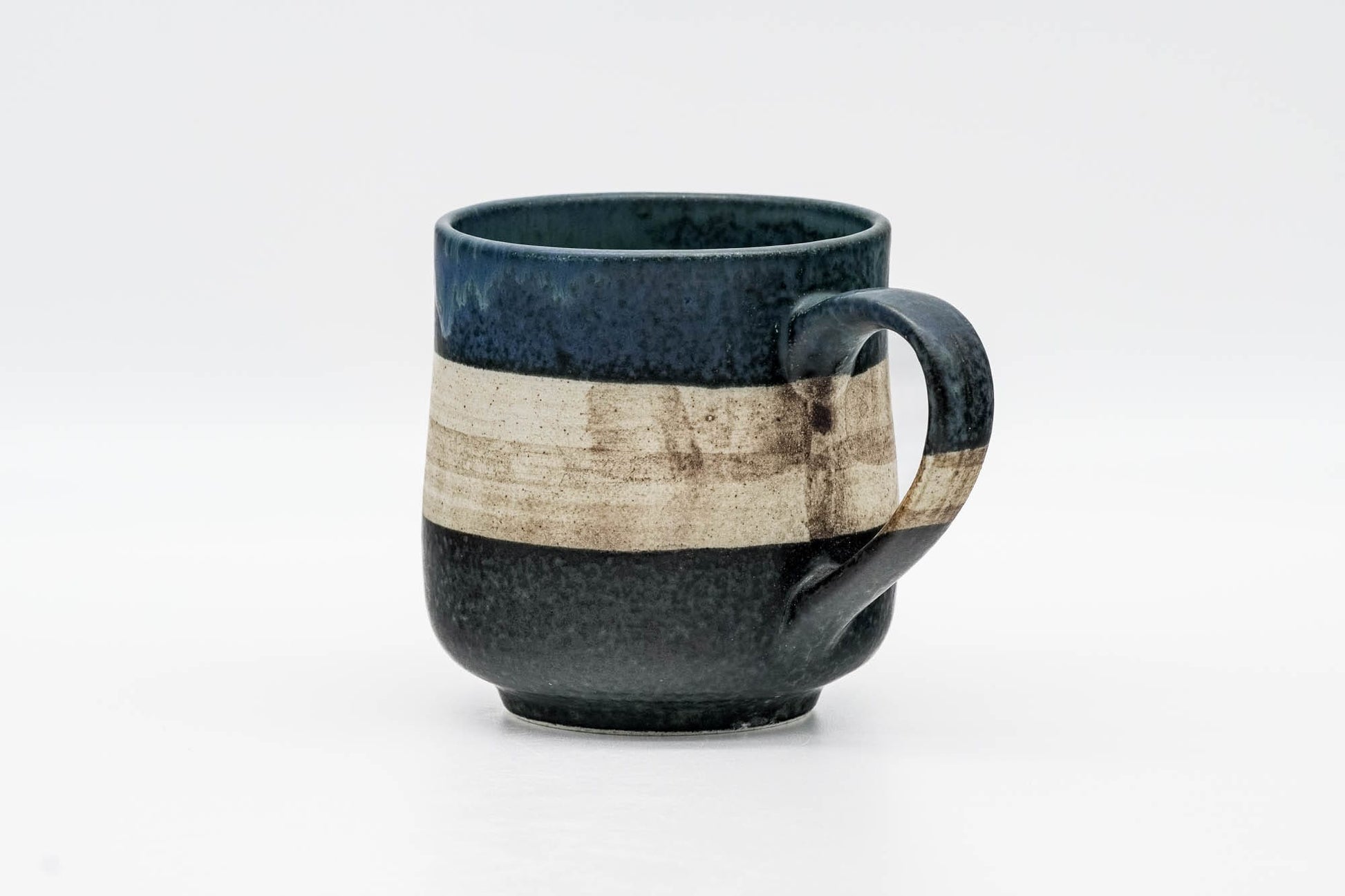 Japanese Teacup - Blue Beige Black Striped Mino-yaki Mug - 280ml