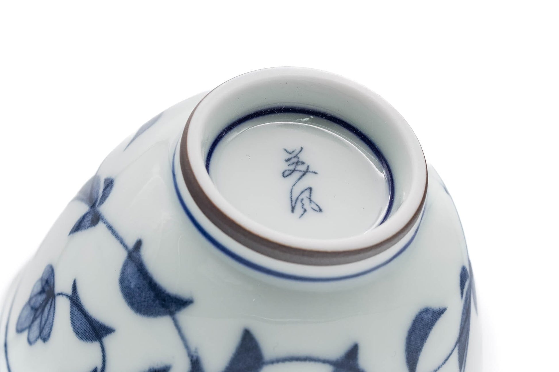 Japanese Teacup - Blue Floral Arabesque Porcelain Mino-yaki Yunomi - 70ml